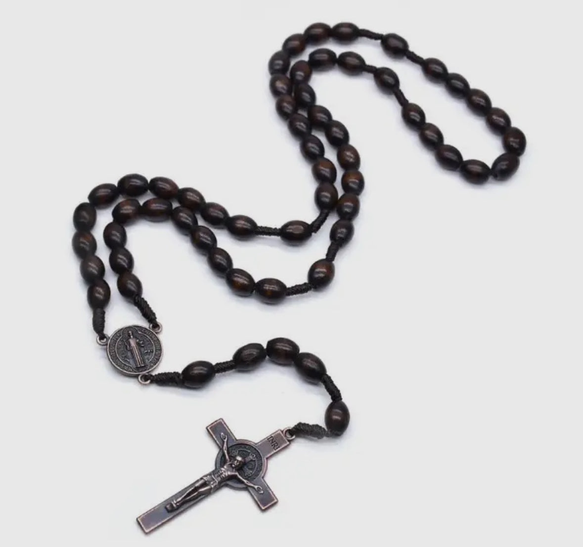 Red Oak Wooden Saint Benedict Medal Rosary Beads