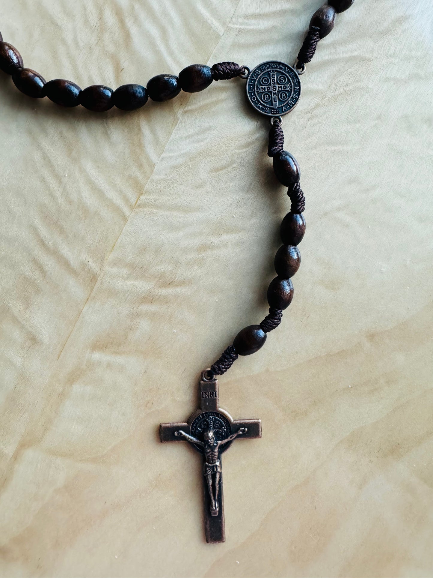 Red Oak Wooden Saint Benedict Medal Rosary Beads