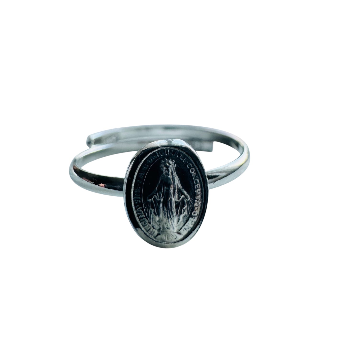 Silver Miraculous Medal Adjustable Ring