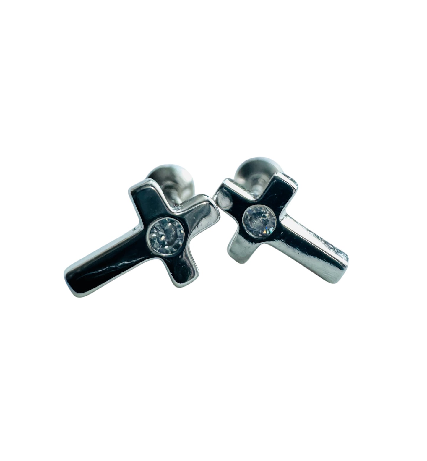 Rhodium Plated Plain Little Cross Earrings