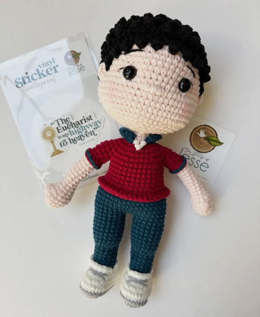 St. Carlo Acutis Crochet Doll and Sticker