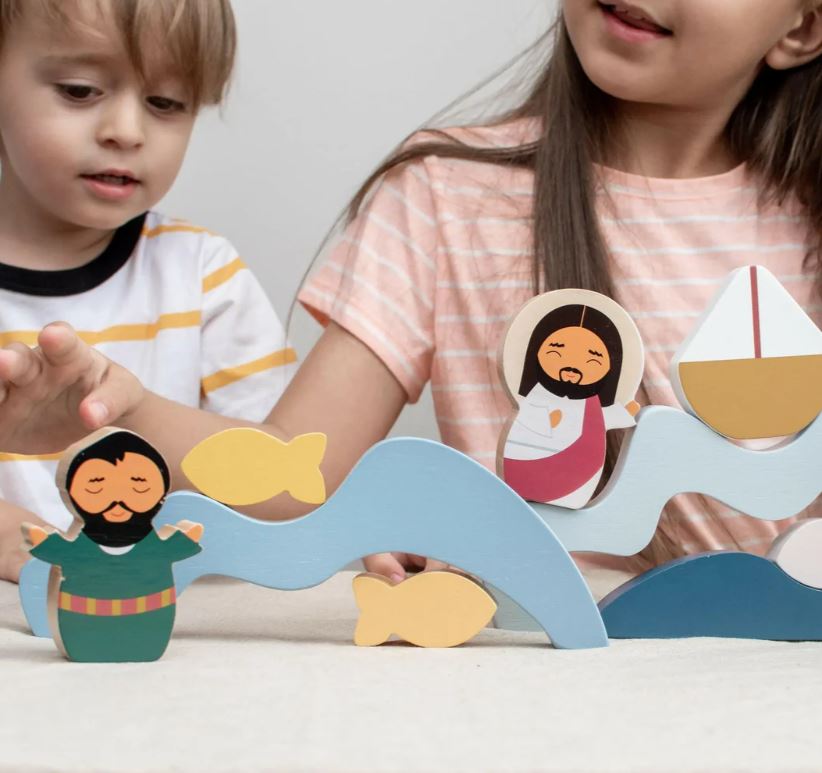 Jesus & St. Peter Walk on Water Wooden Wave Stacker Toy