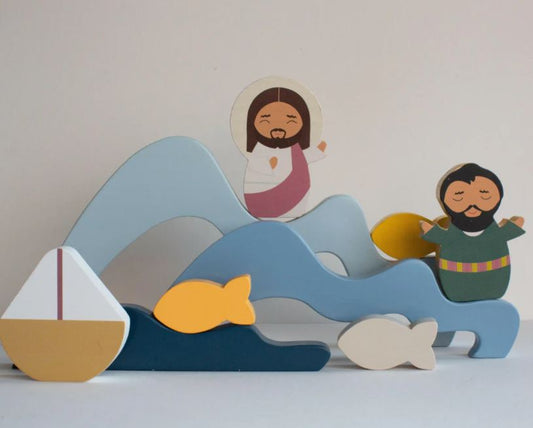 Jesus & St. Peter Walk on Water Wooden Wave Stacker Toy